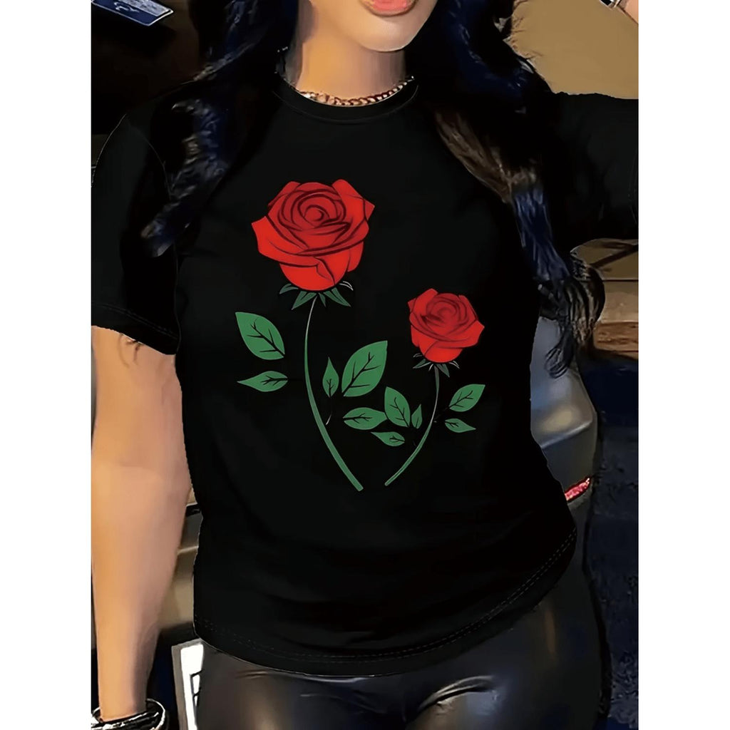 Women's Black Casual Short Sleeve T Shirt Featuring Red Rose Print Round Neck Semi Sheer Fabric Perfect for Spring and Summer Wear