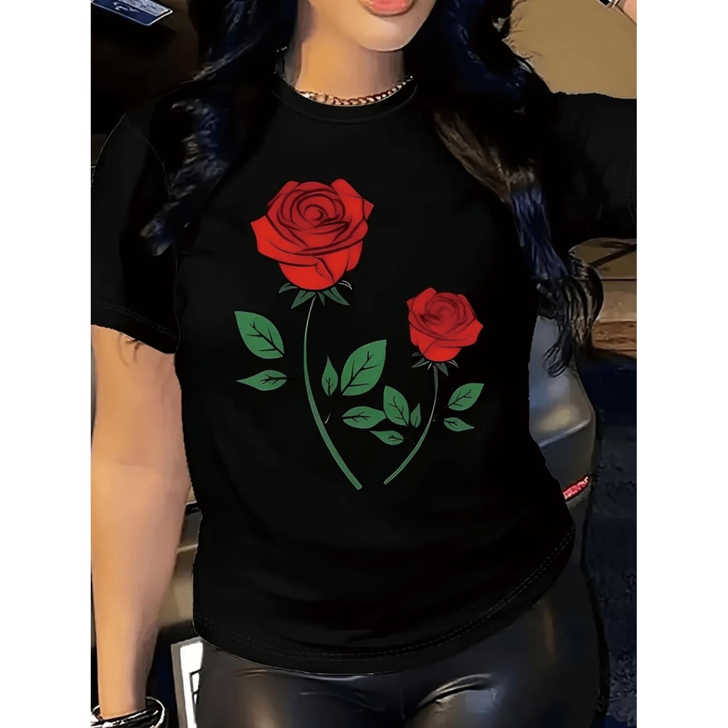 Women's Black Casual Short Sleeve T Shirt Featuring Red Rose Print Round Neck Semi Sheer Fabric Perfect for Spring and Summer Wear