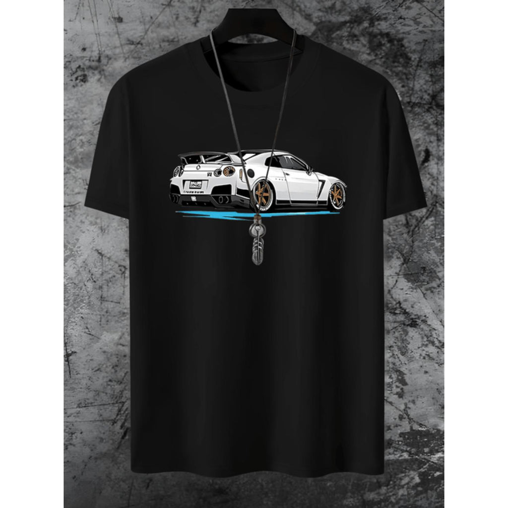 Mens High End Casual Fashion Printed Short Sleeve T Shirt Featuring Car Graphic Made From Polyester Elastane Knit Fabric Crew Neck Summer Regular Fit Tee With Stretch White