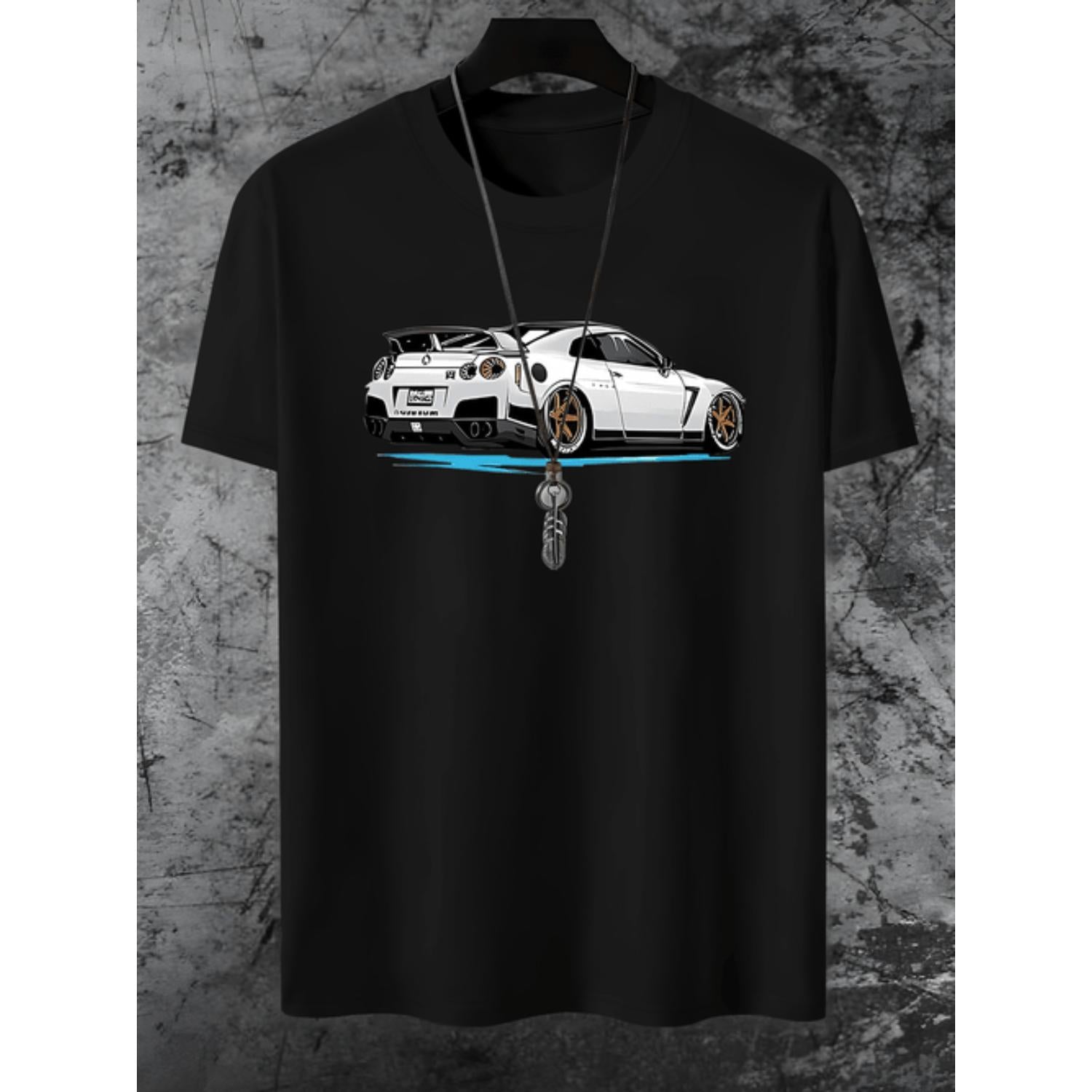 Mens High End Casual Fashion Printed Short Sleeve T Shirt Featuring Car Graphic Made From Polyester Elastane Knit Fabric Crew Neck Summer Regular Fit Tee With Stretch White