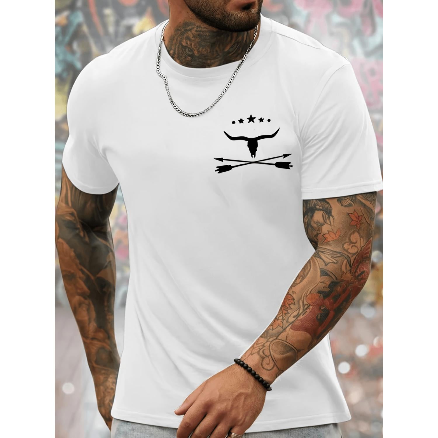 Mens Crew Neck Short Sleeve T Shirt With Bull Skull Print Comfortable Breathable And Trendy For Summer White
