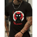 Mens Casual Cotton T Shirt Short Sleeve Round Neck Featuring Unique Cat Print Machine Washable Comfortable Stretch Black Graphic Tee for Summer Everyday Wear