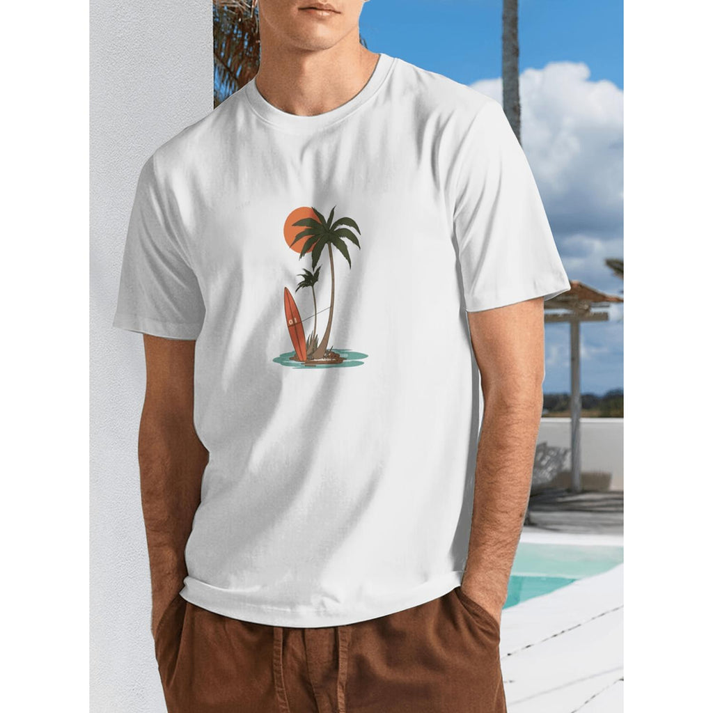 Men Casual Short Sleeve TShirt Featuring Vibrant Palm Tree and Surfboard Artwork with Round Neck Lightweight Design Ideal for Beach and Surfing Enthusiasts