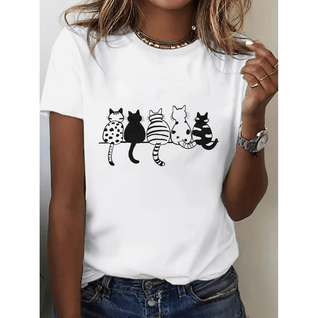 Womens Casual Short Sleeve T Shirt Made Of 100 Soft Breathable Fabric Featuring Geometric Cat Print Round Neck Top Suitable For Machine Washable Outdoor Holiday Gift For Cat Lovers Design 1