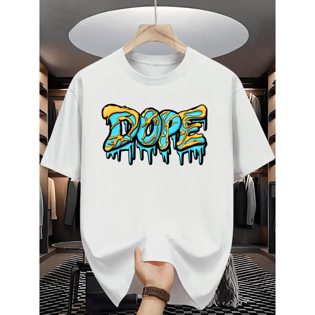 Mens Summer Casual Short Sleeve TShirt Featuring Bold Drip Letter Graphic Print Vibrant Turquoise Regular Comfortable Machine Washable Fit