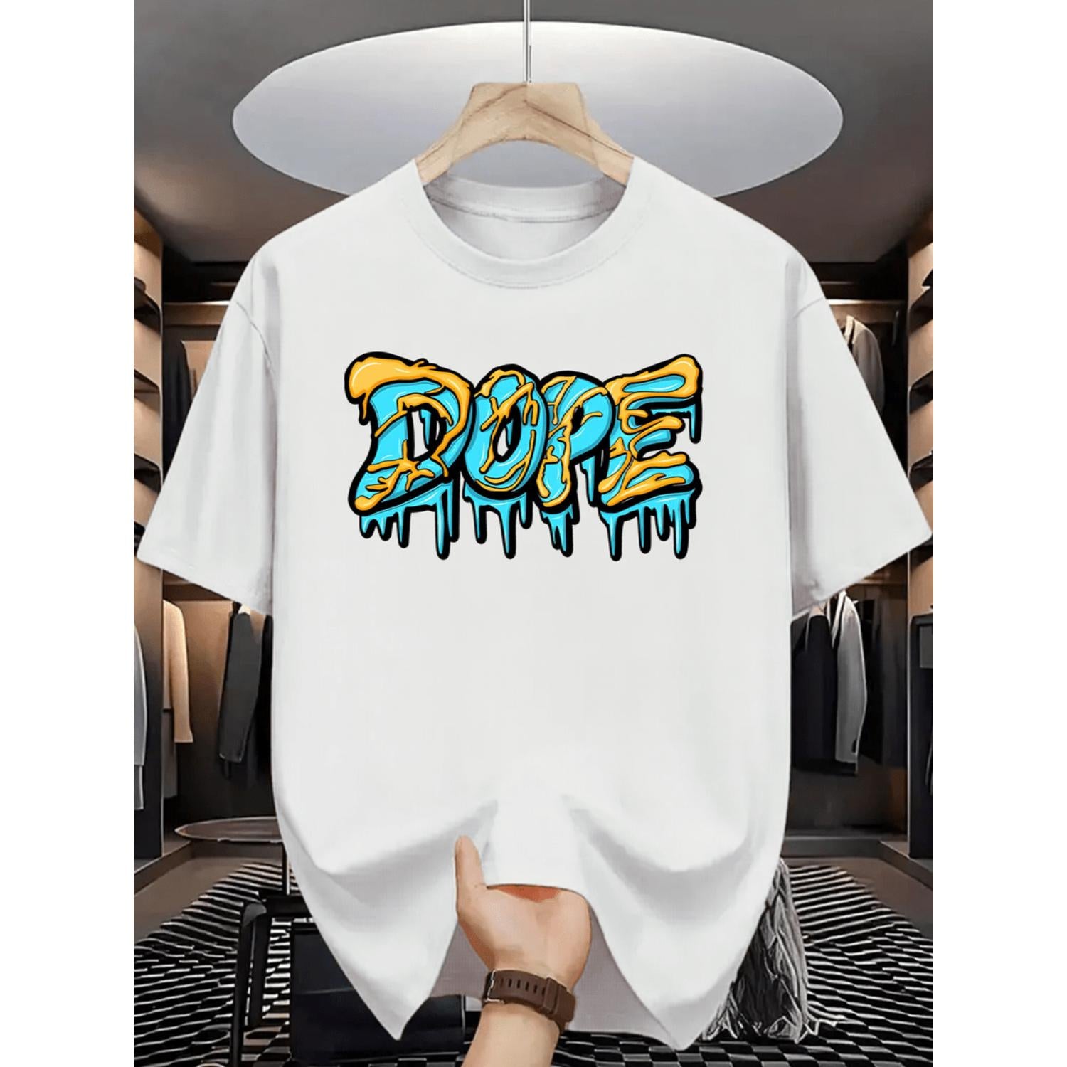 Mens Summer Casual Short Sleeve TShirt Featuring Bold Drip Letter Graphic Print Vibrant Turquoise Regular Comfortable Machine Washable Fit