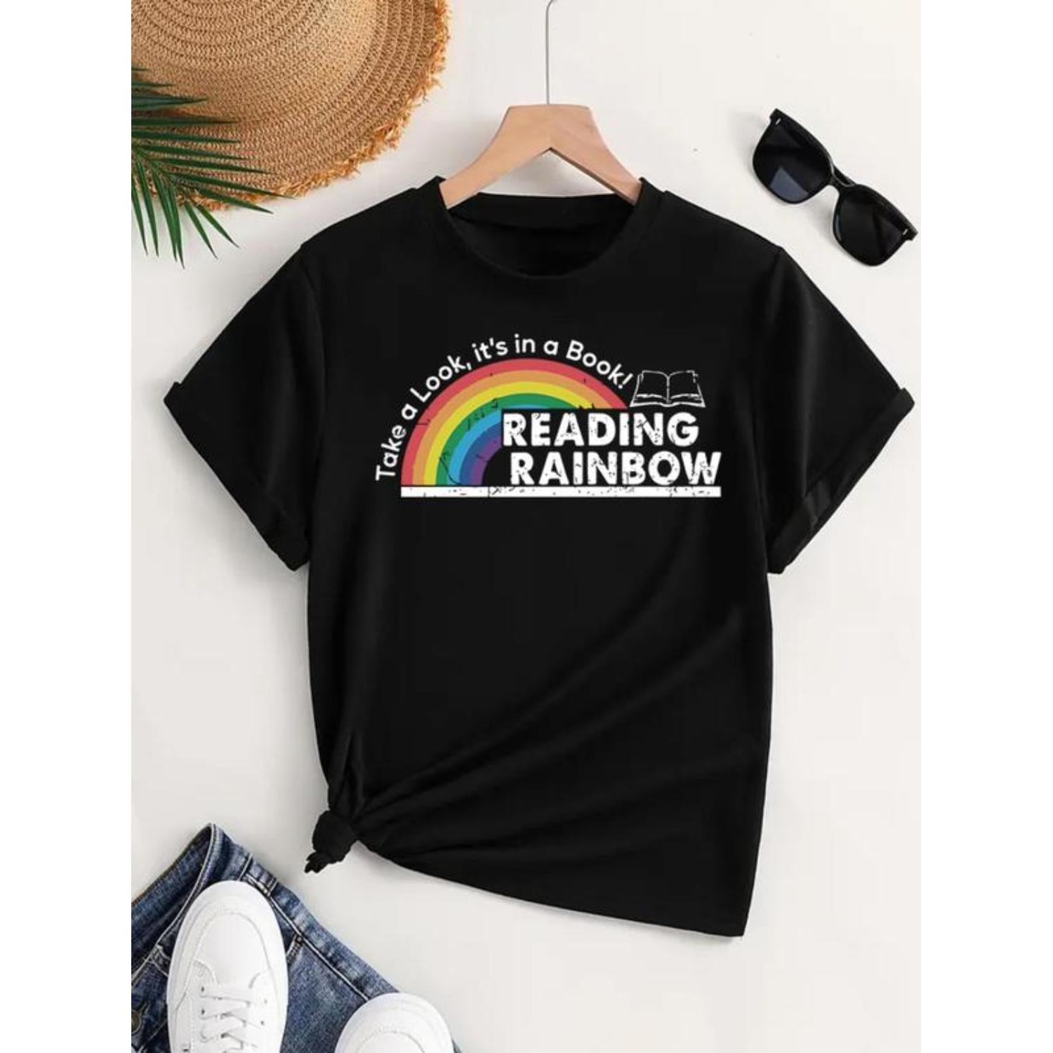 Trendy Womens Rainbow And Letter Print Round Neck Short Sleeve Tee For Casual Daily Wear All Season Tops