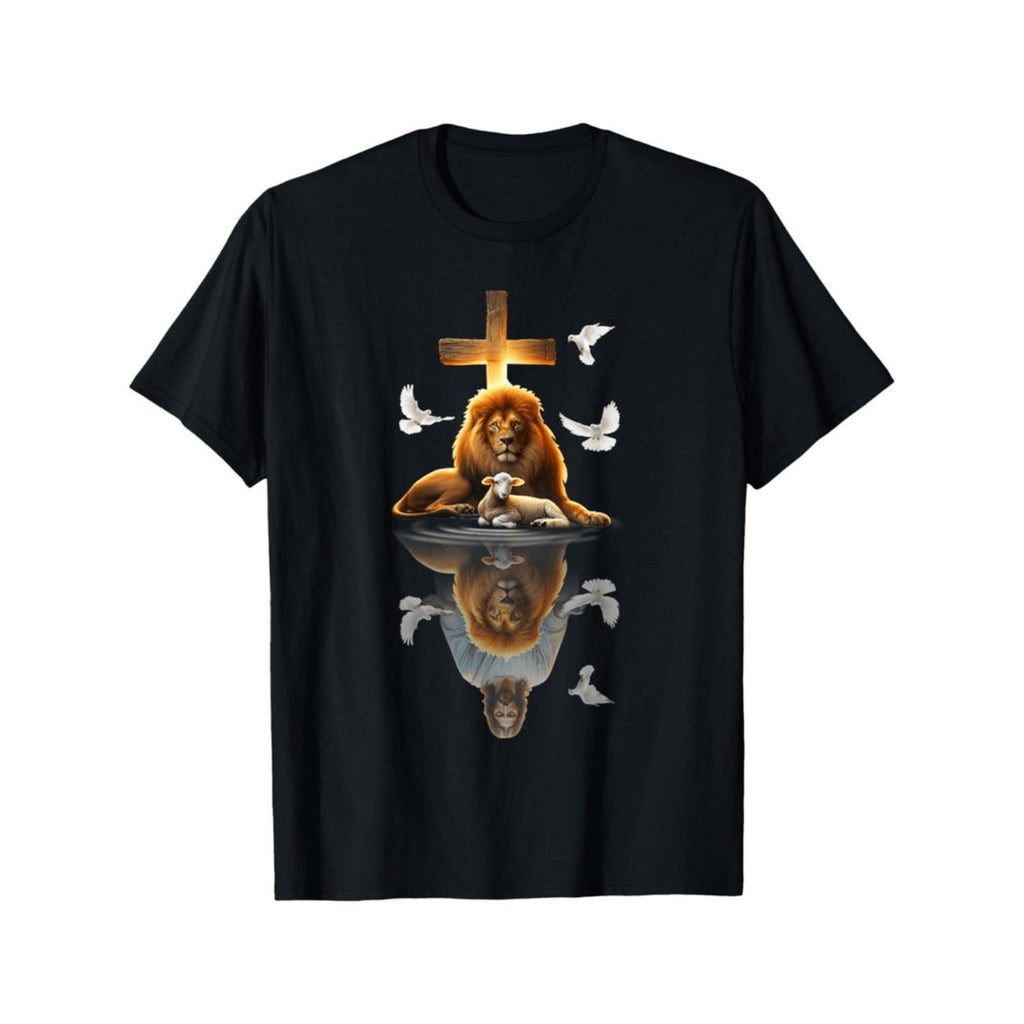 Lion And Lamb Cross Graphic T Shirt Black Religious Design Round Neck Casual Fit Machine Washable Unisex For Men Women Teens Adults Holidays Parties And Casual Wear