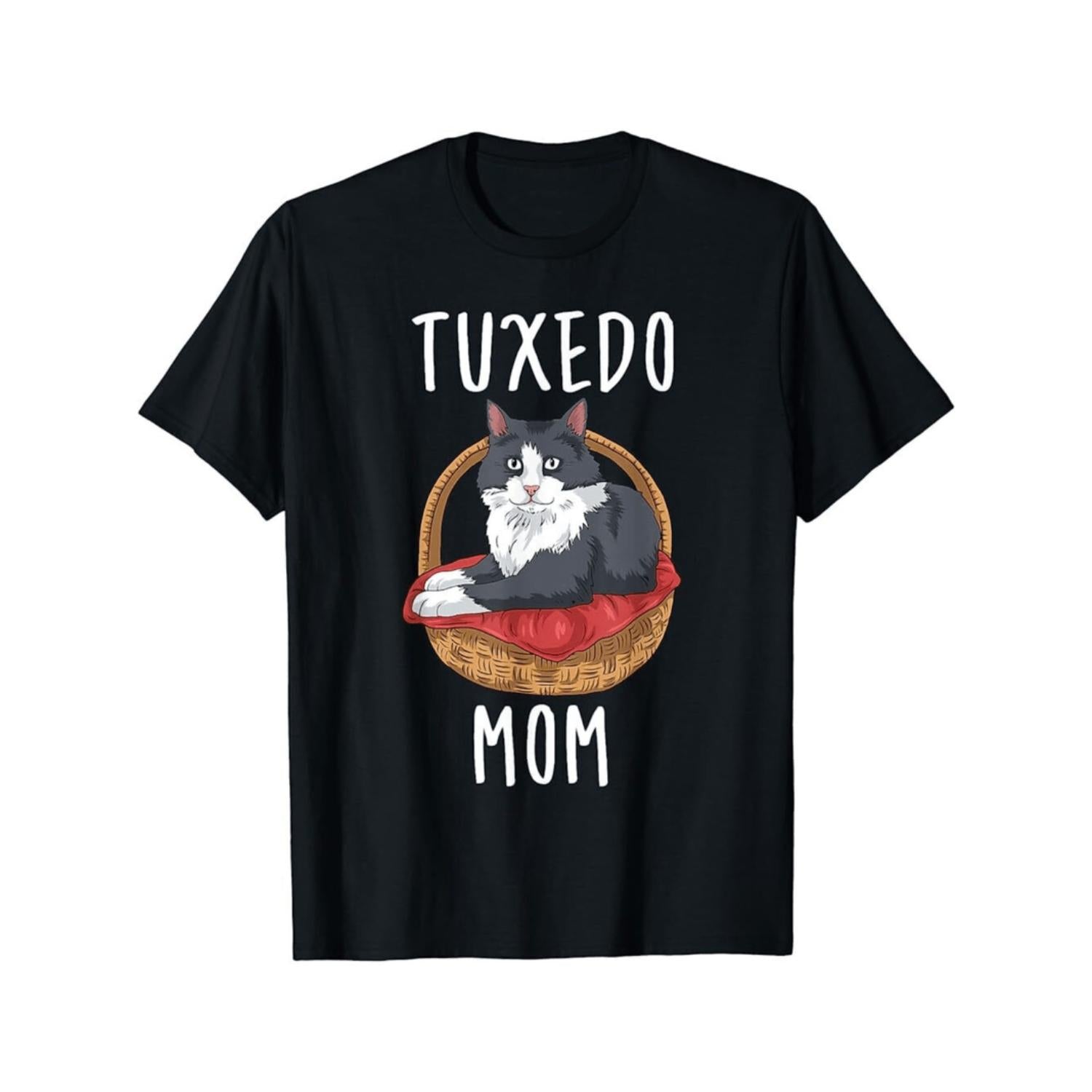Mens Tuxedo Cat Mom Graphic Tee 100 Percent Cotton Breathable Comfortable Casual Black Crew Neck Short Sleeve Shirt Suitable for Everyday Wear and Outdoor Events Cat Design