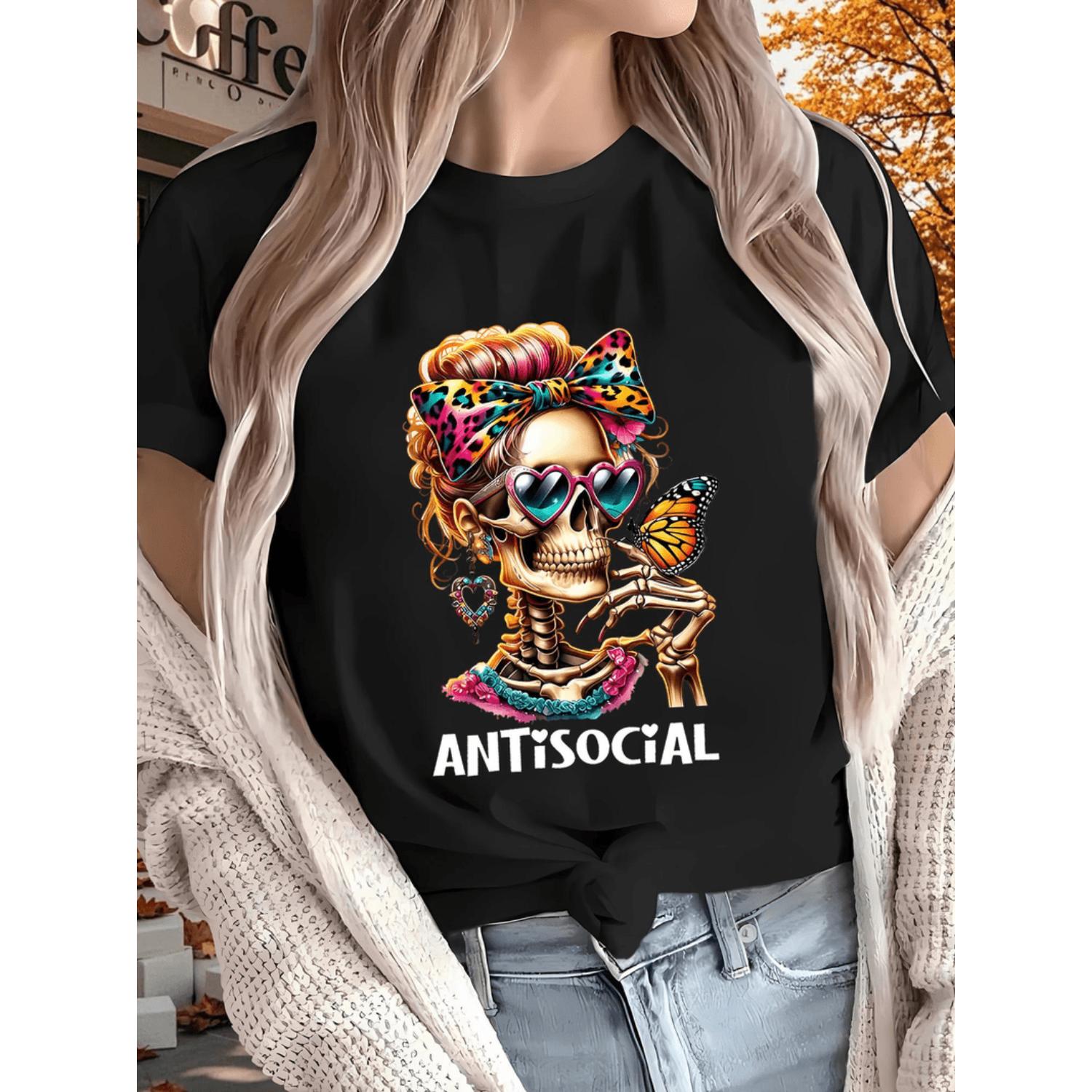 Women S Stylish Skeleton Graphic TShirt Short Sleeve Black with Colorful Skull and Butterfly Design Casual All Season Top for Outdoor Home or Sports Ladies T Shirts