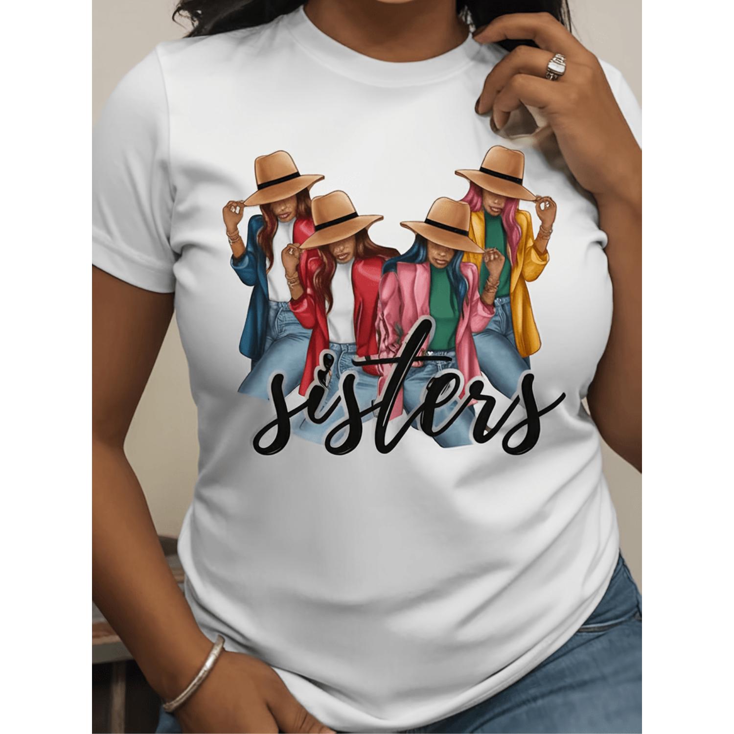 Womens Casual 100 Percent Cotton TShirt Crew Neck Short Sleeve Regular Fit Knit Fabric Featuring Colorful Sisterhood Cartoon Print Suitable for All Seasons