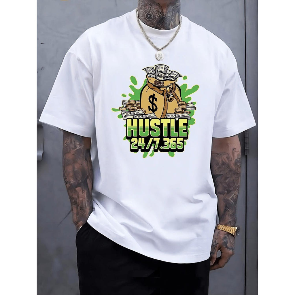 Casual Short Sleeve Summer T Shirt for Men Featuring Hustle Print in Black