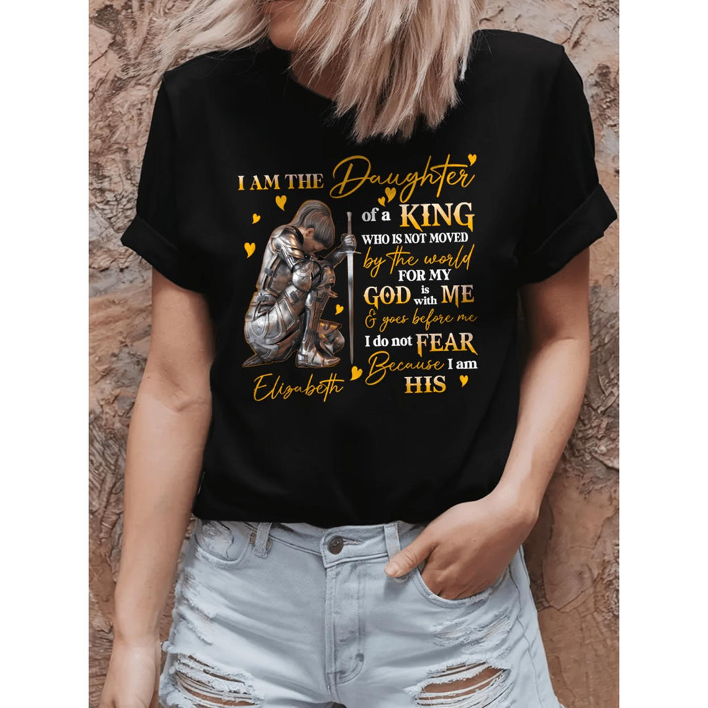 Faith Inspired I Am the Daughter of a King Graphic Tee Short Sleeve Casual Crew Neck Light Blue Denim Shorts Spring Summer Womens Top Casual Wear Playful Print Comfortable Fit Ladies T Shirts