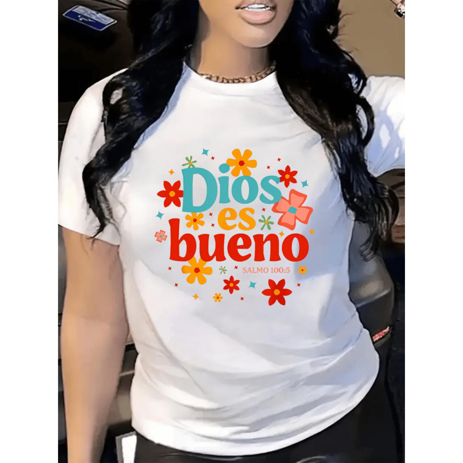 Womens Casual Short Sleeve TShirt Black Floral Letter Print With Dios Es Bueno And Salmo 1459 Design Round Neck Machine Washable Spring Summer Fall Comfortable Fit Shirt