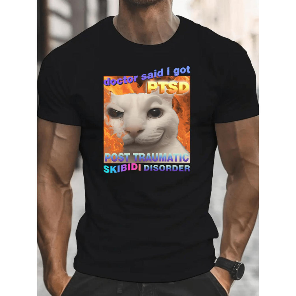 Mens Humorous Cat TShirt Doctor Said I Got PTSD Retro Graphic Tee Flames Black Short Sleeve Round Neck Casual Summer Top Machine Washable Funny Gift for Adults Casual Attire