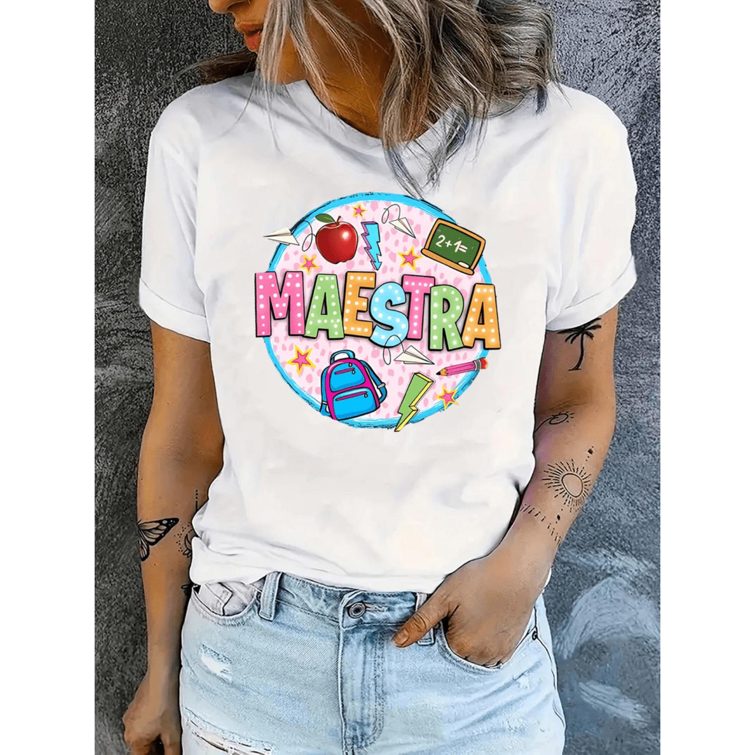 Womens Casual Short Sleeve Tee Featuring MAESTRA Graphic Colorful Educational Symbols and Geometric Patterns Breathable Round Neck Summer Top for Allseason Comfort and Machine Washable Playful Design