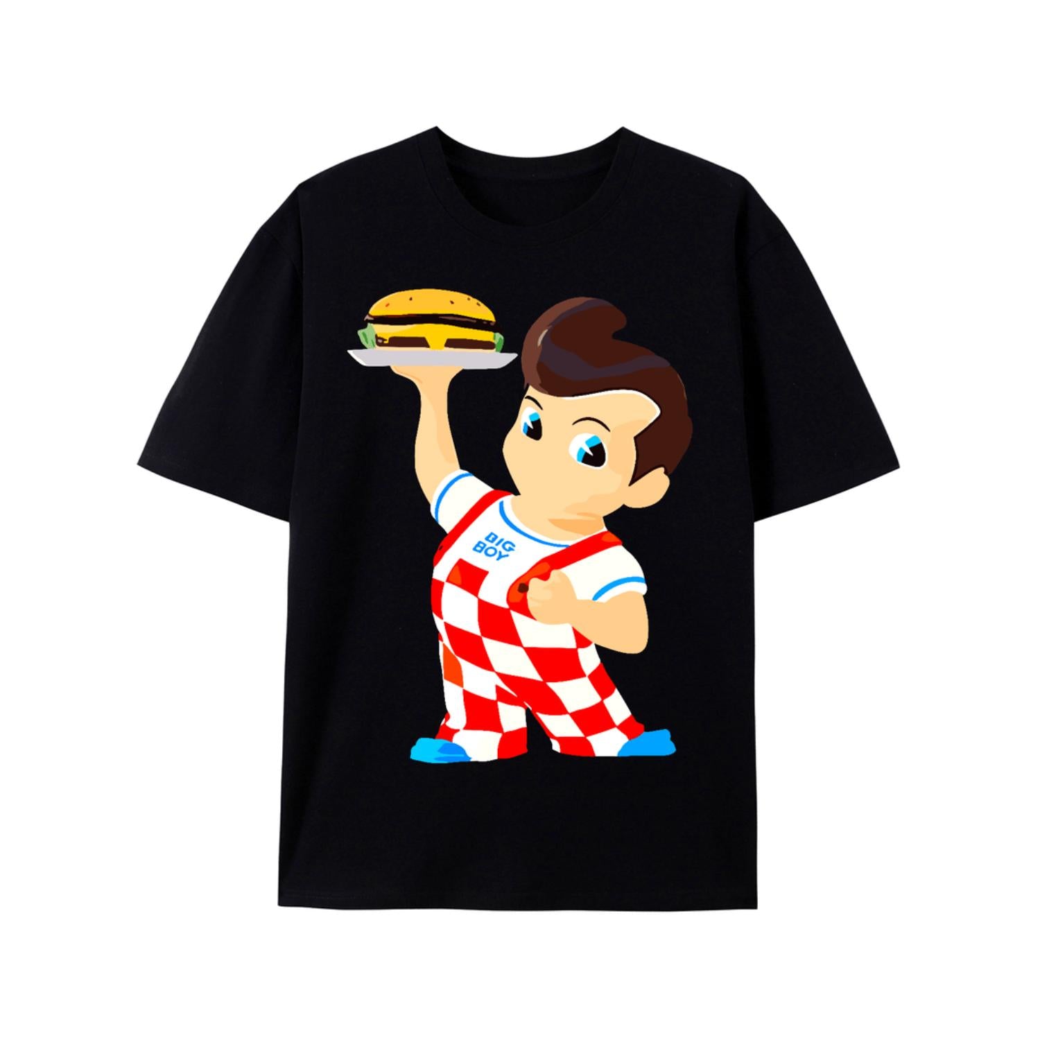 Mens Big Boy Burger Graphic Tee 100 Percent Cotton Short Sleeve Crew Neck Black Featuring Colorful Character Design Casual Sporty Wear Suitable For All Seasons Cartoon Print Shirt With Stretchable Fabric