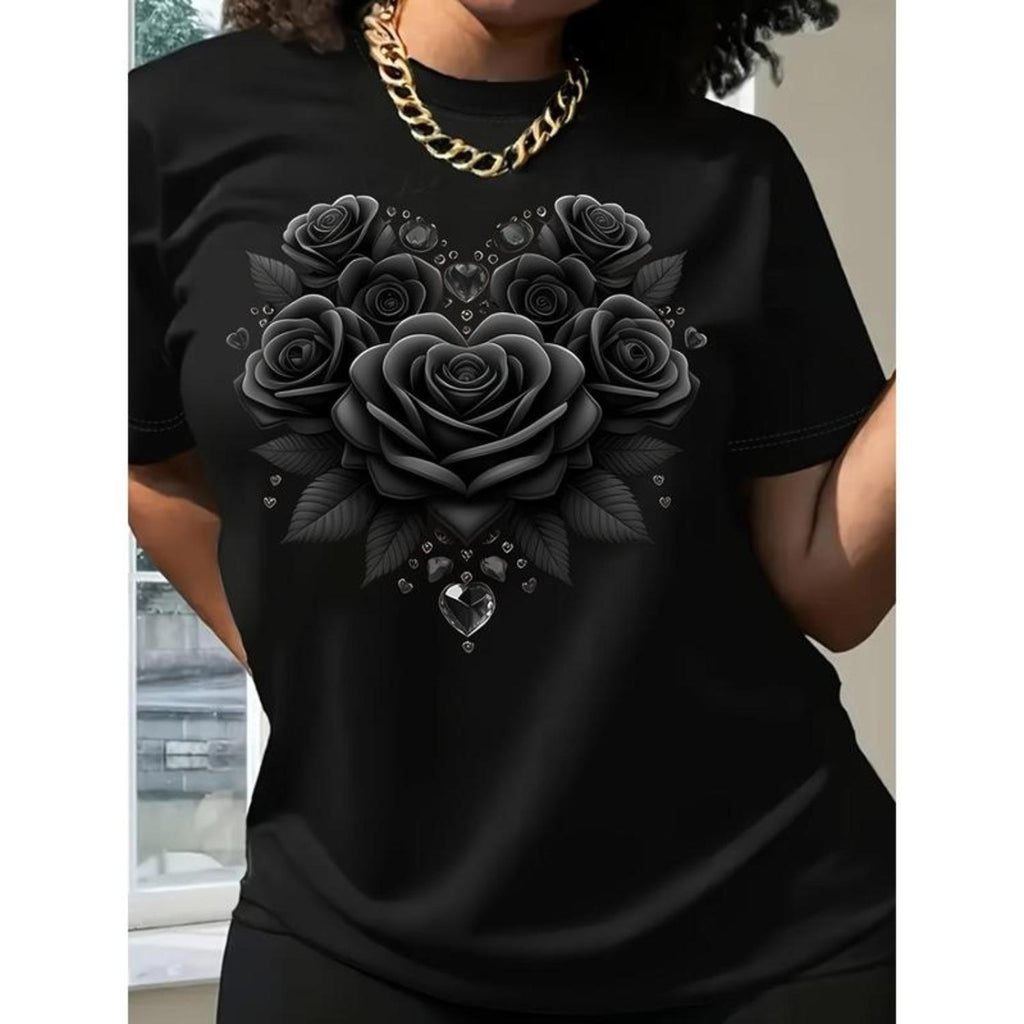 Elegant Heart Shaped Rose And Diamond Print Cotton Short Sleeve T Shirt Black Casual Round Neck Crewneck Top Womens Summer Chic