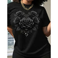 Elegant Heart Shaped Rose And Diamond Print Cotton Short Sleeve T Shirt Black Casual Round Neck Crewneck Top Womens Summer Chic
