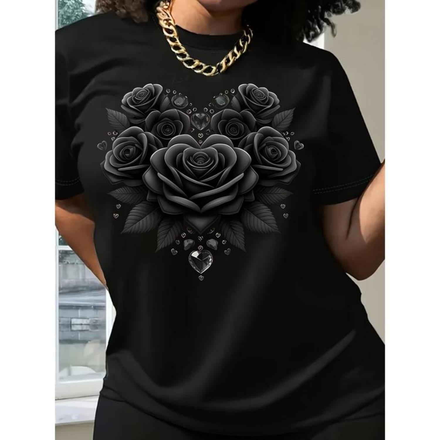 Elegant Heart Shaped Rose And Diamond Print Cotton Short Sleeve T Shirt Black Casual Round Neck Crewneck Top Womens Summer Chic