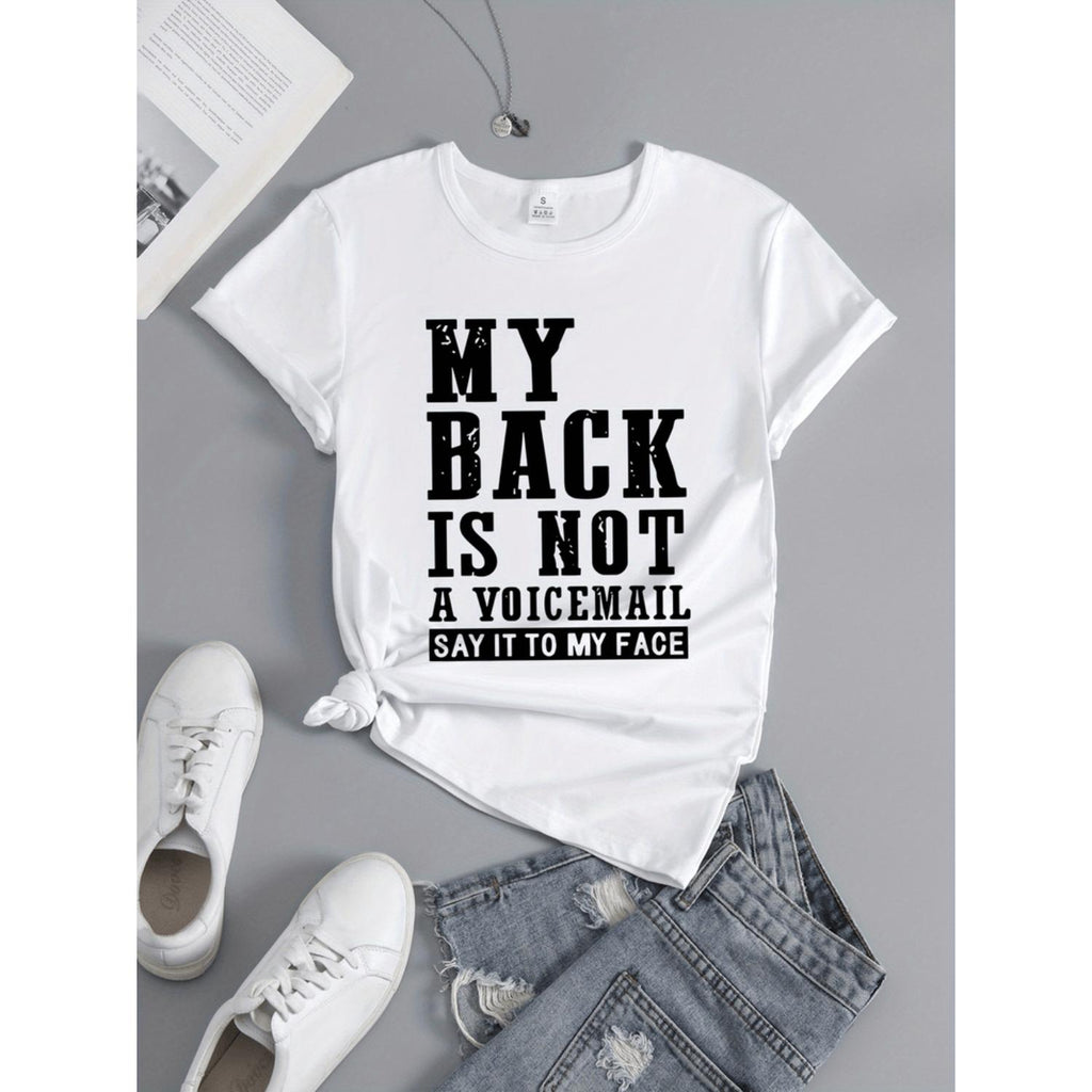 Sassy My Back Is Not a Voicemail Graphic TShirt Black With White Text Breathable Casual Short Sleeve Tee Round Neck Machine Washable AllSeason Comfort Statement Clothing Relaxed Fit Nontransparent Fabric