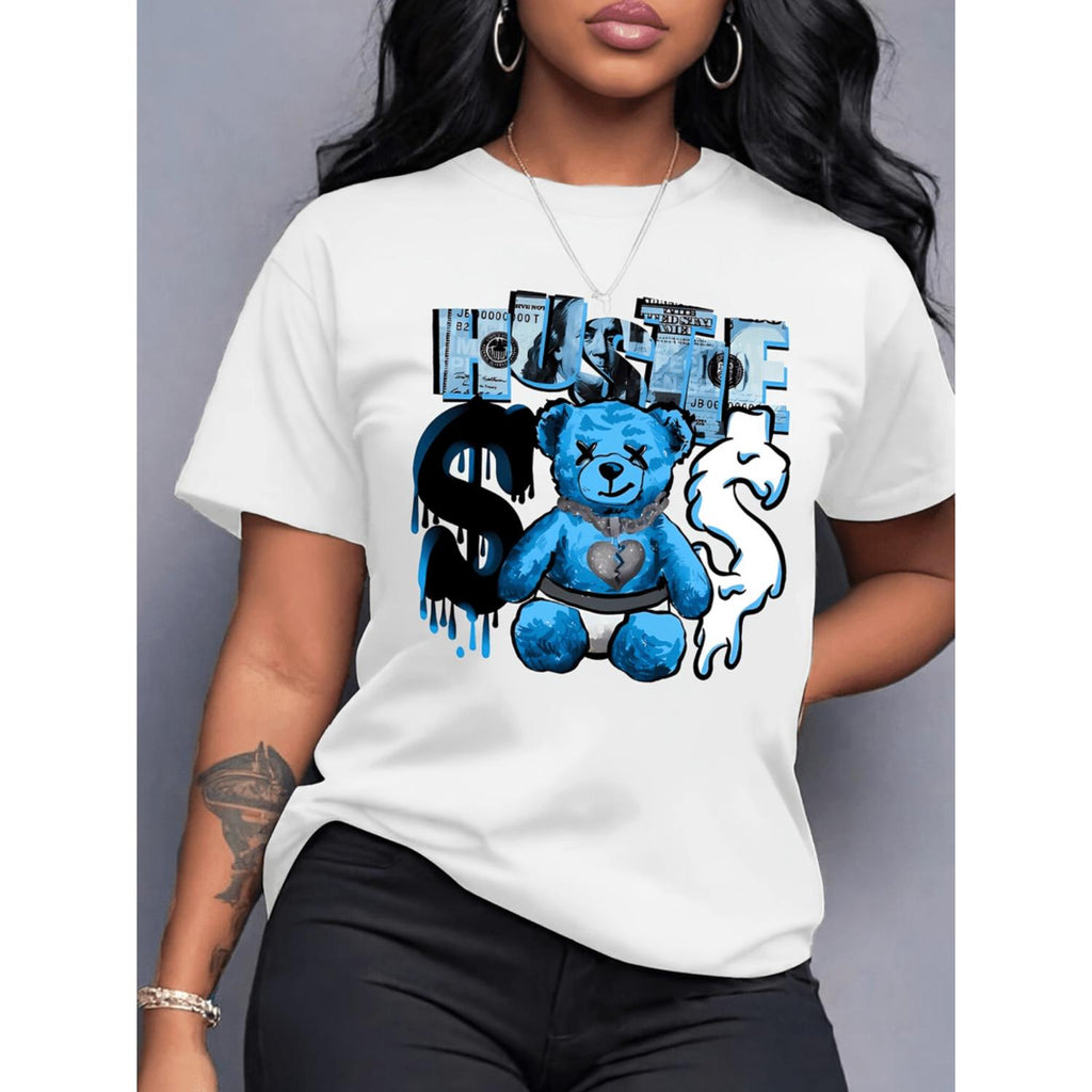 Womens Light Blue Bear Graphic Print T Shirt Short Sleeve Crew Neck Casual Top Featuring Hustle Slogan and Dollar Sign Design Machine Washable Regular Fit Suitable for All Season Wear Playful and Comfortable Style