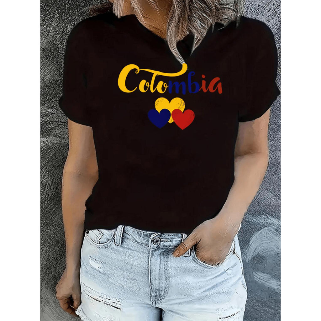 Vibrant Women S Casual Short Sleeve T Shirt Featuring Colombia Graphic Colorful Hearts Lettering Breathable Stretch Fabric Round Neck Summer Top For Casual Wear Vacation Outfits Comfortable Leisurewear