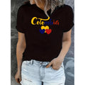 Vibrant Women S Casual Short Sleeve T Shirt Featuring Colombia Graphic Colorful Hearts Lettering Breathable Stretch Fabric Round Neck Summer Top For Casual Wear Vacation Outfits Comfortable Leisurewear
