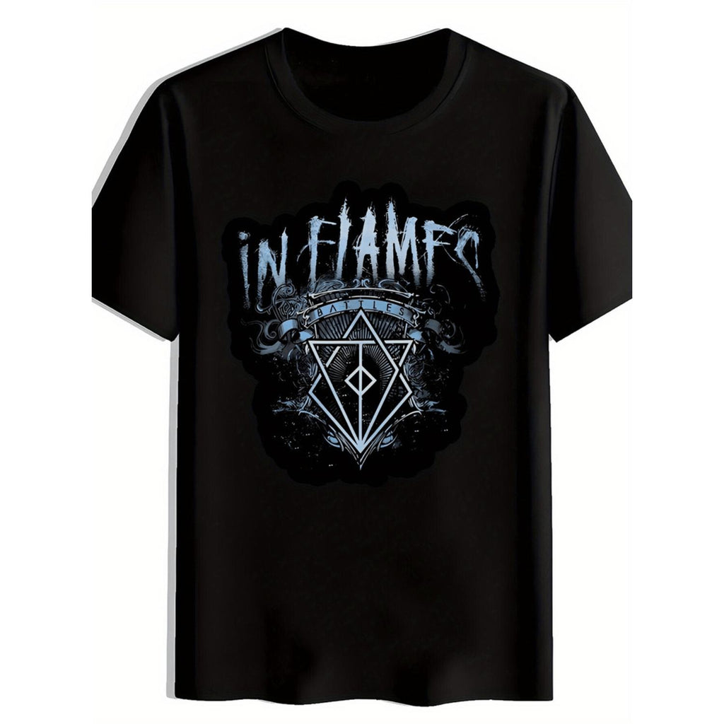 Mens Vintage Rock Graphic T Shirt Featuring IN FLAMES Band Logo And Flame Design 100 Percent Polyester Lightweight 180gsm Regular Fit Casual Summer Tee For Metal Music Enthusiasts Black