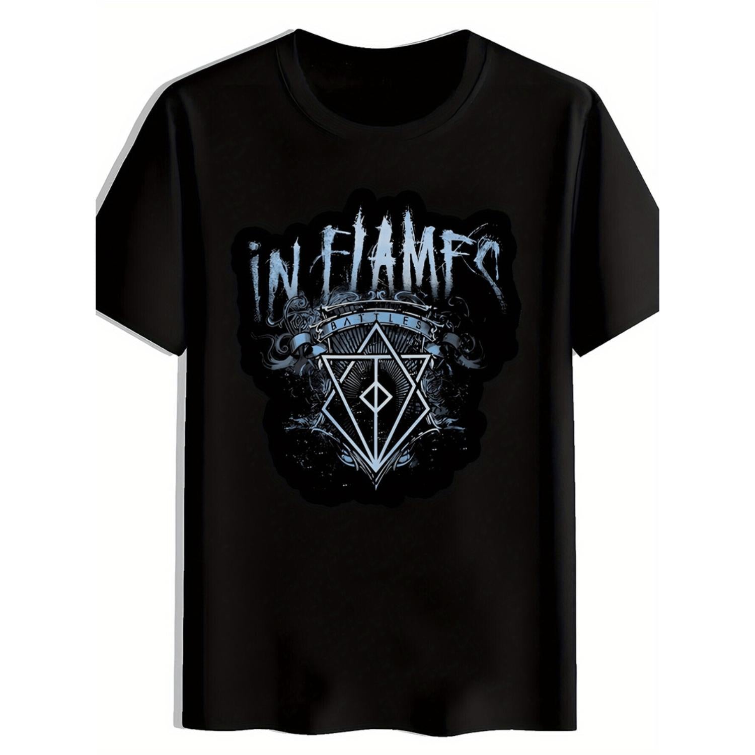 Mens Vintage Rock Graphic T Shirt Featuring IN FLAMES Band Logo And Flame Design 100 Percent Polyester Lightweight 180gsm Regular Fit Casual Summer Tee For Metal Music Enthusiasts Black