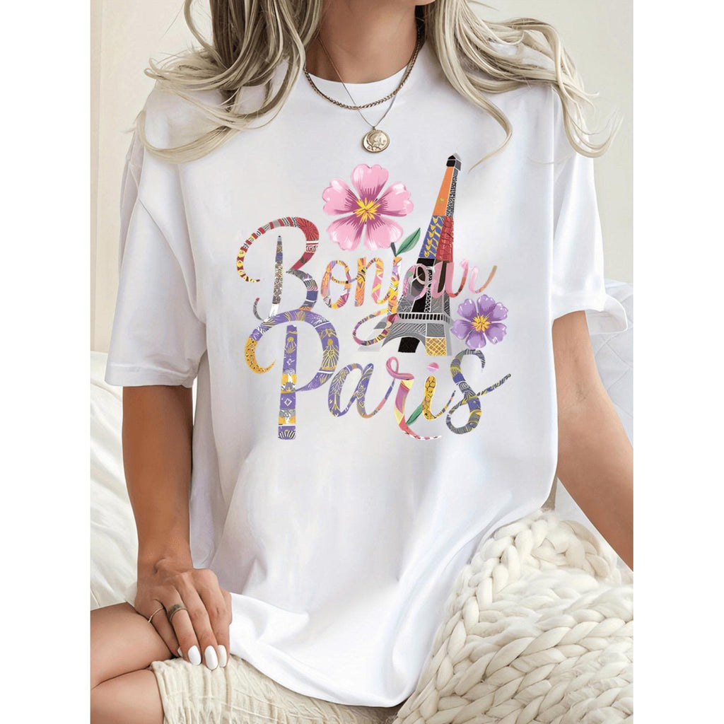 Casual Short Sleeve TShirt Featuring Bonjour Paris Graphic with Eiffel Tower and Floral Design Black Round Neck Comfortable Summer Top with Stretch Machine Washable Playful Print