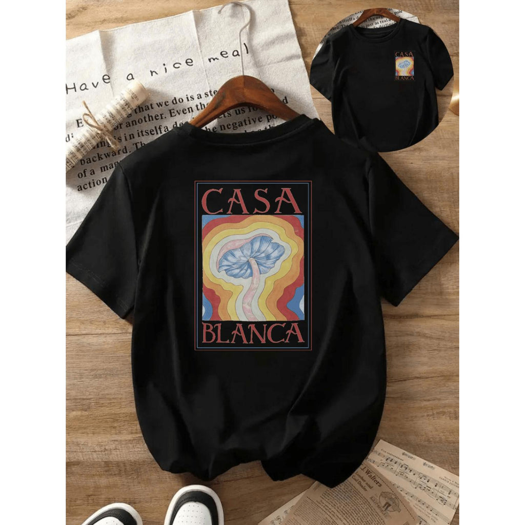 Relaxed Fit Women's Casual Short Sleeve T Shirt Featuring Light Yellow Mushroom and Casa Blanca Graphics for All Season Comfort and Artistic Soft Fabric Style