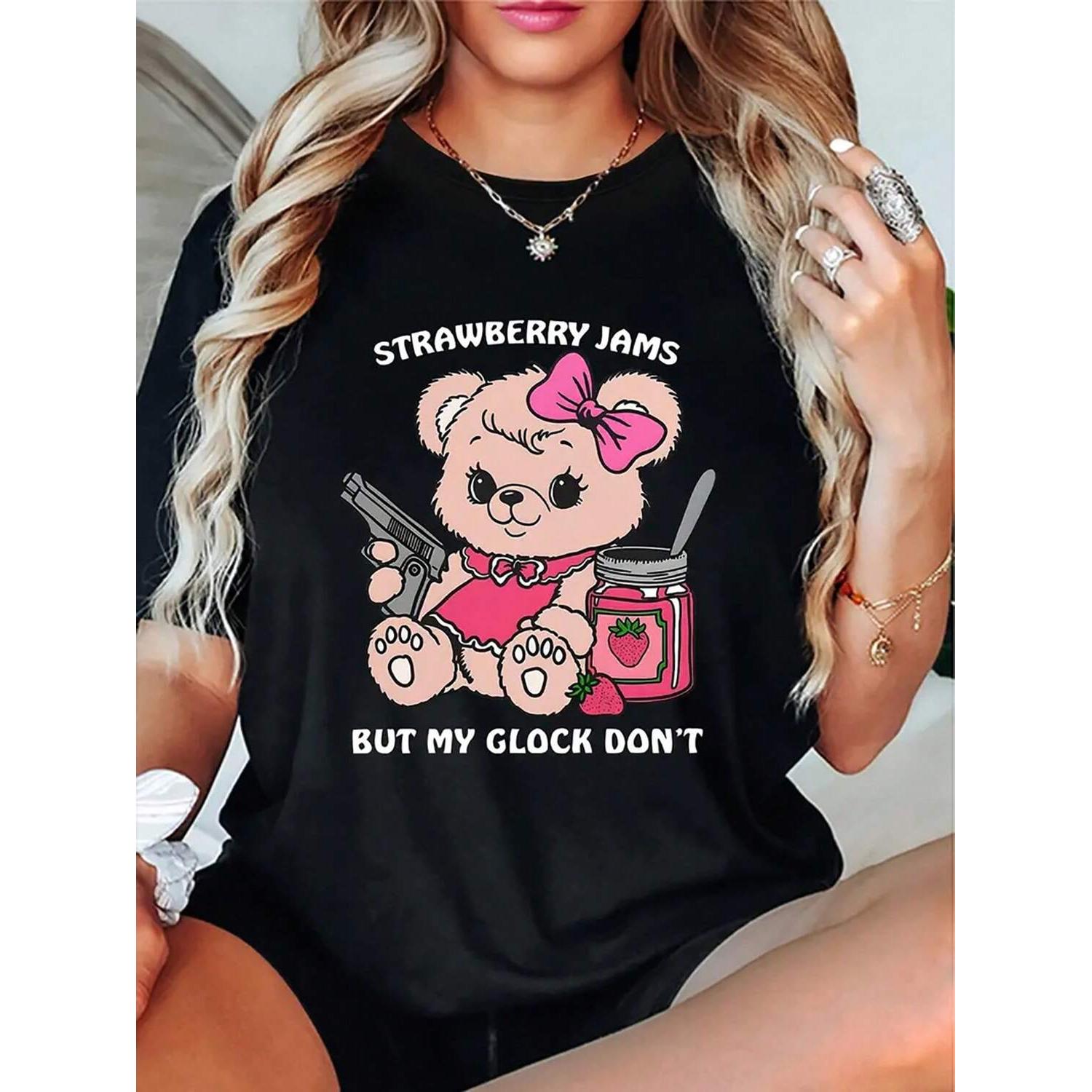 Strawberry Jam Inspired Short Sleeved Casual Cotton T Shirt for Women with Round Neck Graphic Design Summer Tee Tops