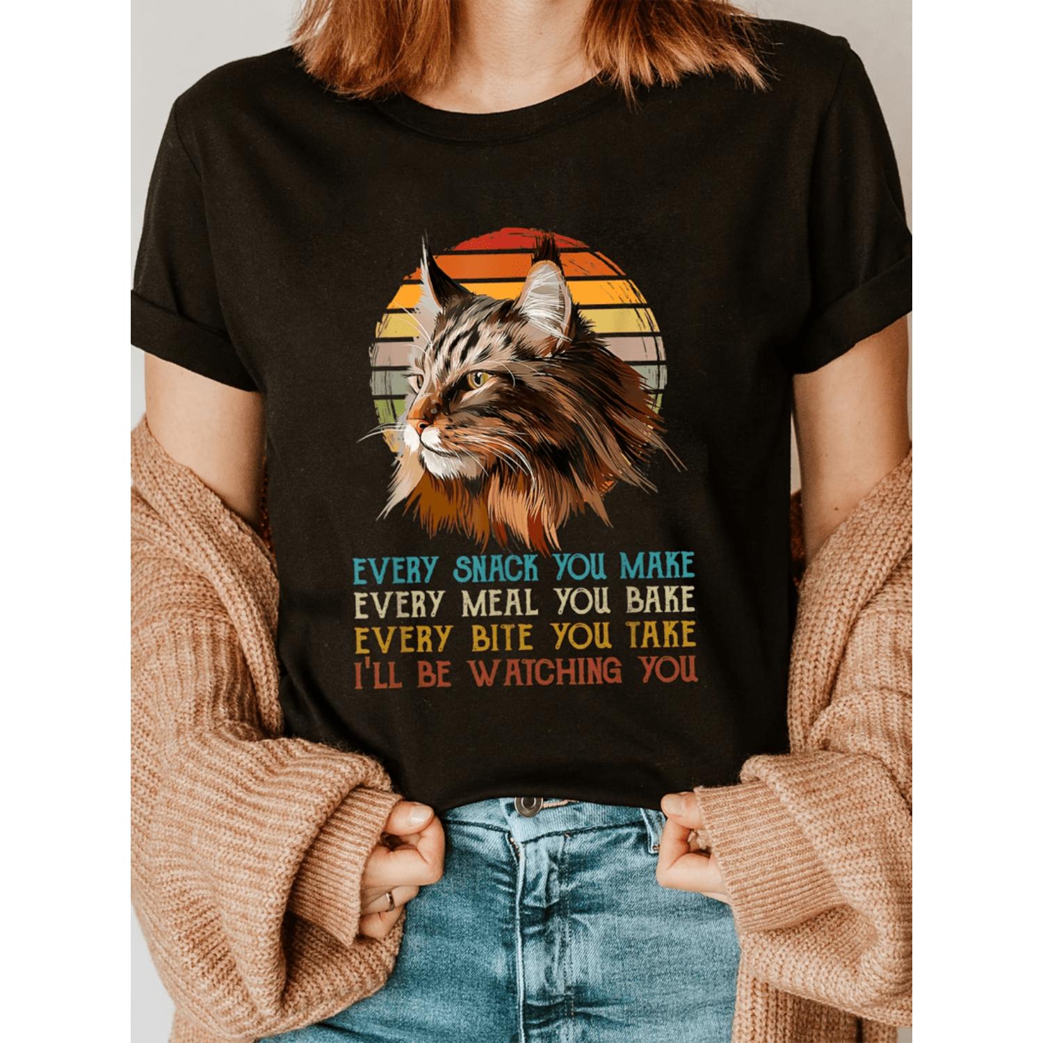 Every Snack You Make Ill Be Watching You Humorous Maine Coon Cat Graphic Womens Tshirt 100 Percent Cotton Short Sleeve Crew Neck Casual Top All Season Comfort Machine Washable Retro Print Soft
