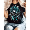 Plus Size Casual T-Shirt For Women Black Geometric Rose And Skull Print Stretchy Fabric Round Neck Short Sleeve Top For Spring Summer Machine Washable Comfort Fit Breathable Edgy Summer Outfit