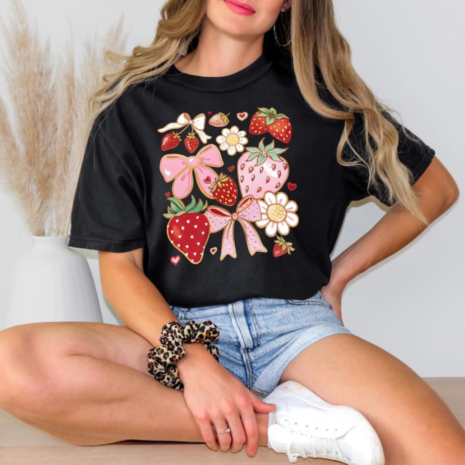 Cute Strawberry Floral Shirt with Bow Graphic and Cottagecore Aesthetic Soft Summer Fruit Top