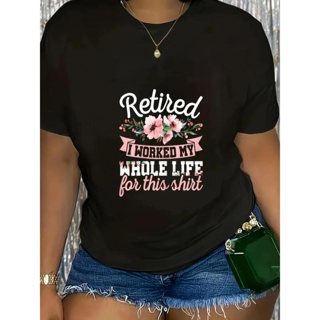 Casual Women's Short Sleeve TShirt With Floral Letters And Slogan High Elasticity Machine Washable Round Neck Top For Spring Summer Fall Everyday Comfort Seasonal Fashion Relaxed Fit Tee