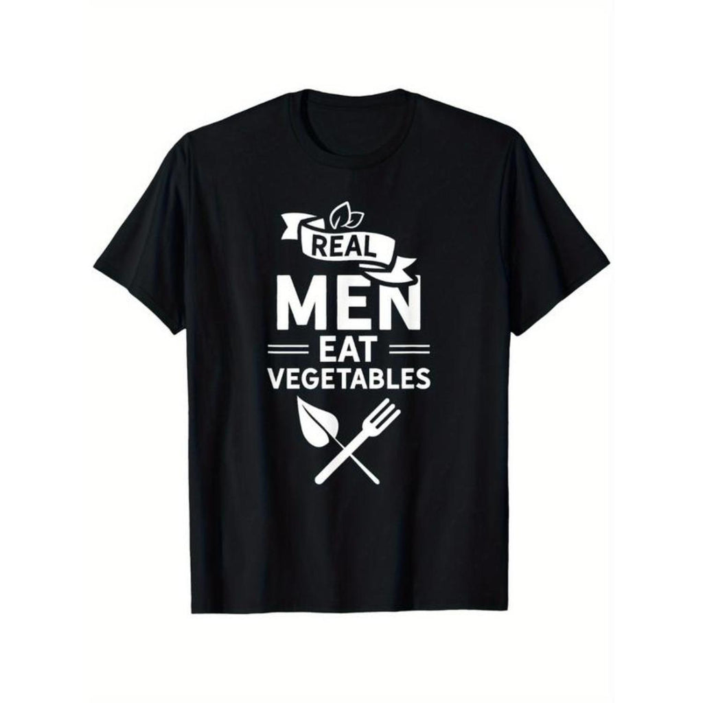 Real for Men Eats Vegetables Cartoon Print T-Shirt with Short Sleeves and Regular Fit Made from 100 Cotton Suitable for Casual Wear and Daily PlantBased Style