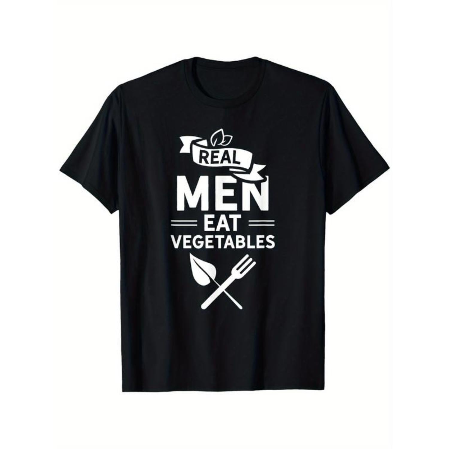 Real for Men Eats Vegetables Cartoon Print T-Shirt with Short Sleeves and Regular Fit Made from 100 Cotton Suitable for Casual Wear and Daily PlantBased Style