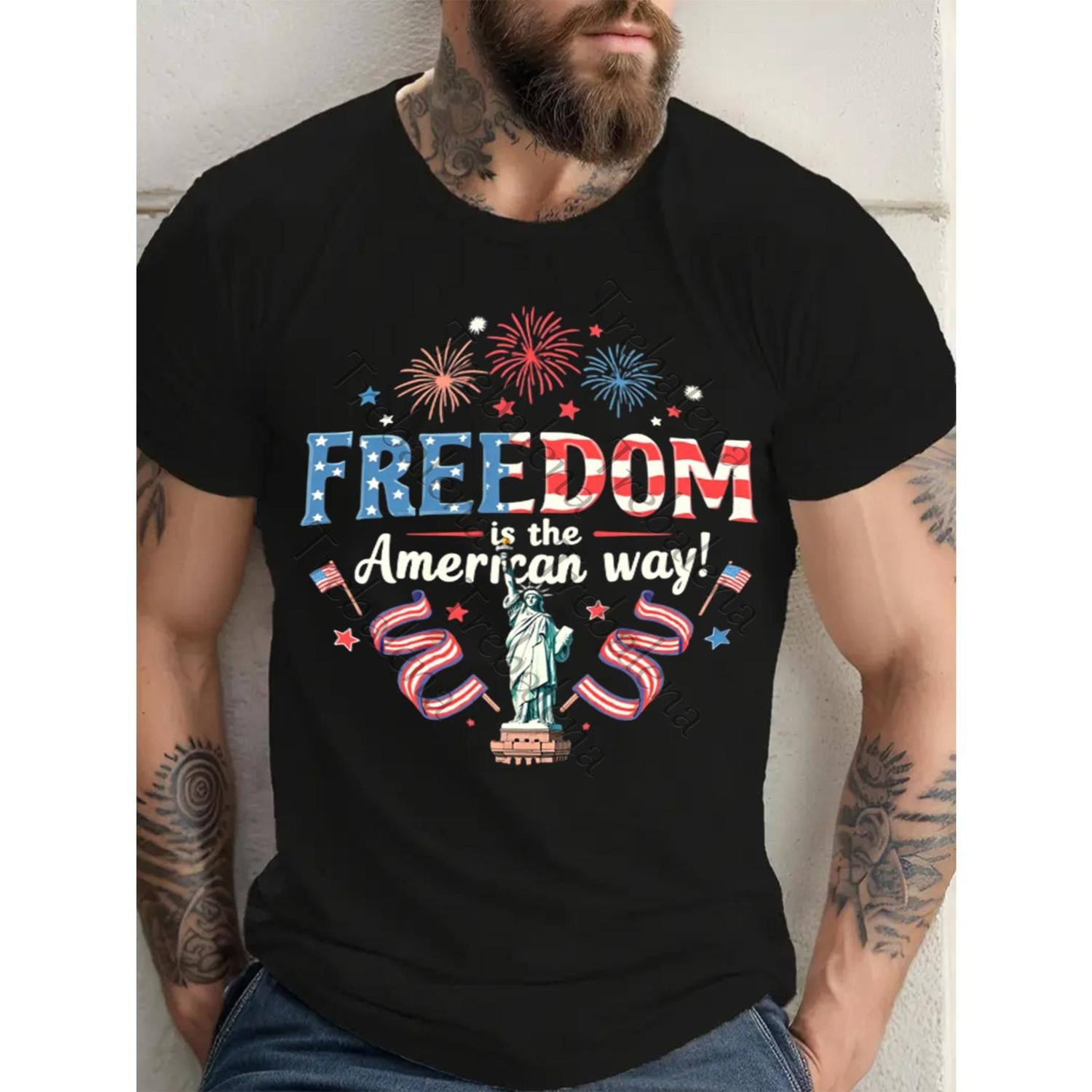 Plus Size Patriotic Men'S T Shirt Featuring Statue of Liberty Freedom Is the American Way Big and Tall USA Independence Day Cotton Round Neck Casual Short Sleeve Summer Spring Tee