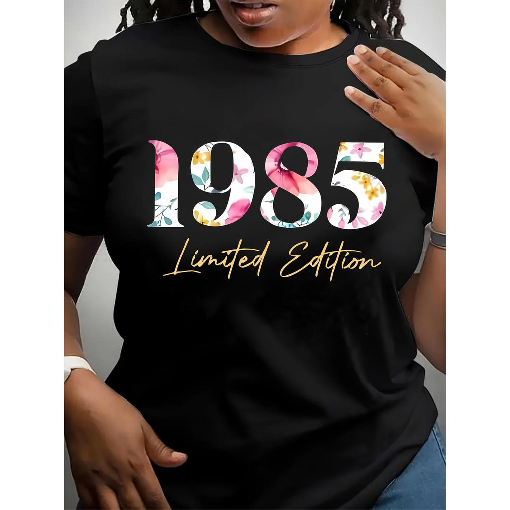 Exclusive 1985 Floral Letter Print TShirt with Casual Crew Neck Short Sleeves and EasyCare Polyester Fabric for Women