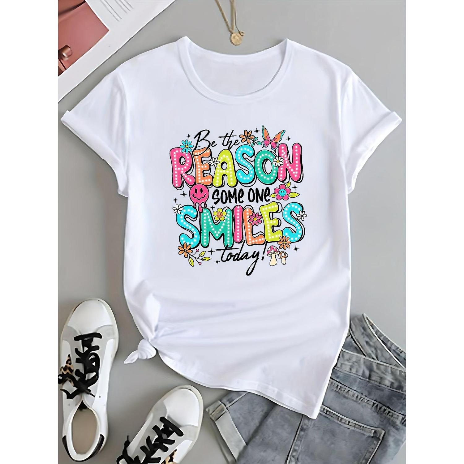 Womens Inspirational Tshirt Featuring Be The Reason Someone Smiles Today Colorful Print Short Sleeve Round Neck Casual Fashion Top for Spring Summer and Fall