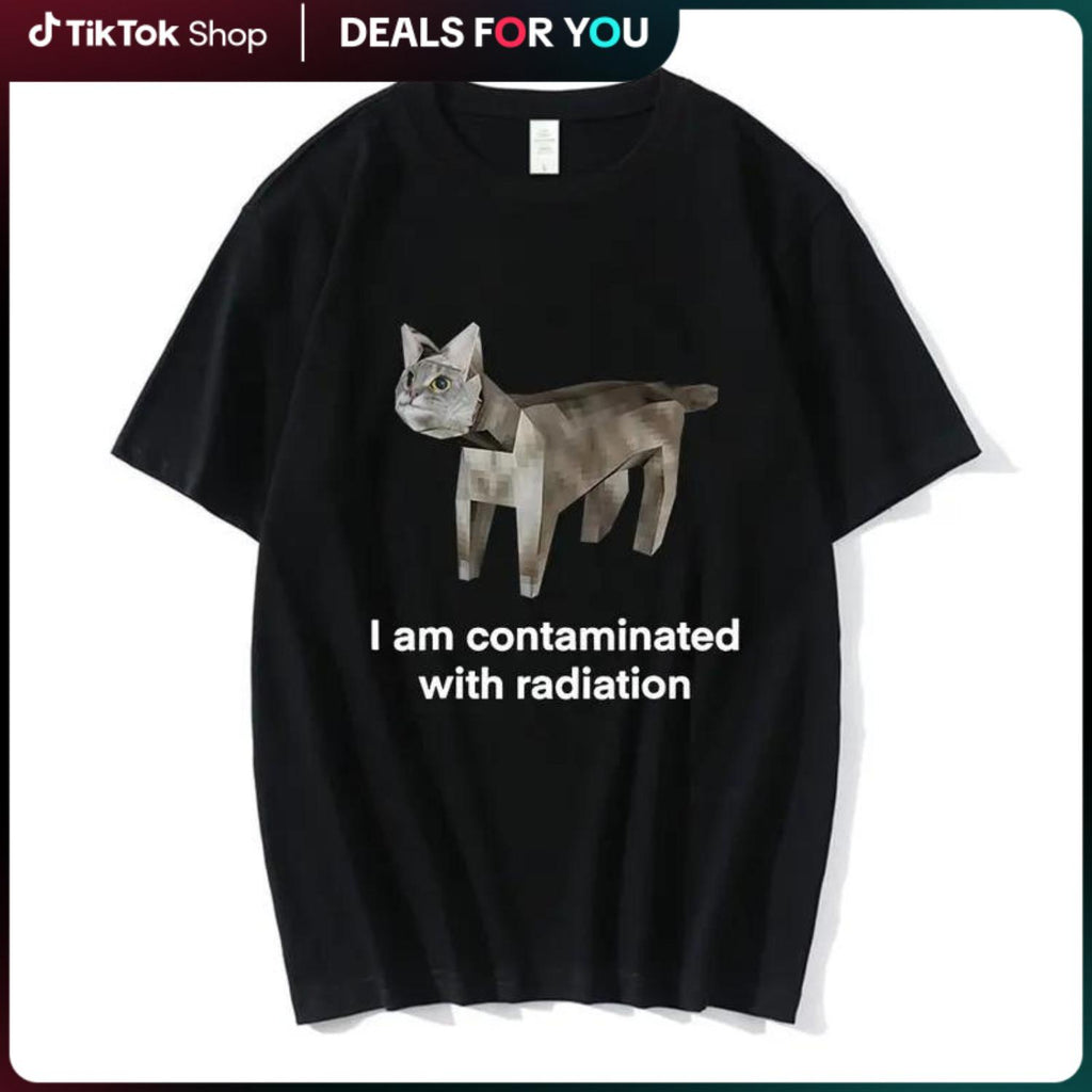 Contaminated with Radiation Funny Cat Meme T Shirt Men Women Vintage Short Sleeve Cotton Casual Tee