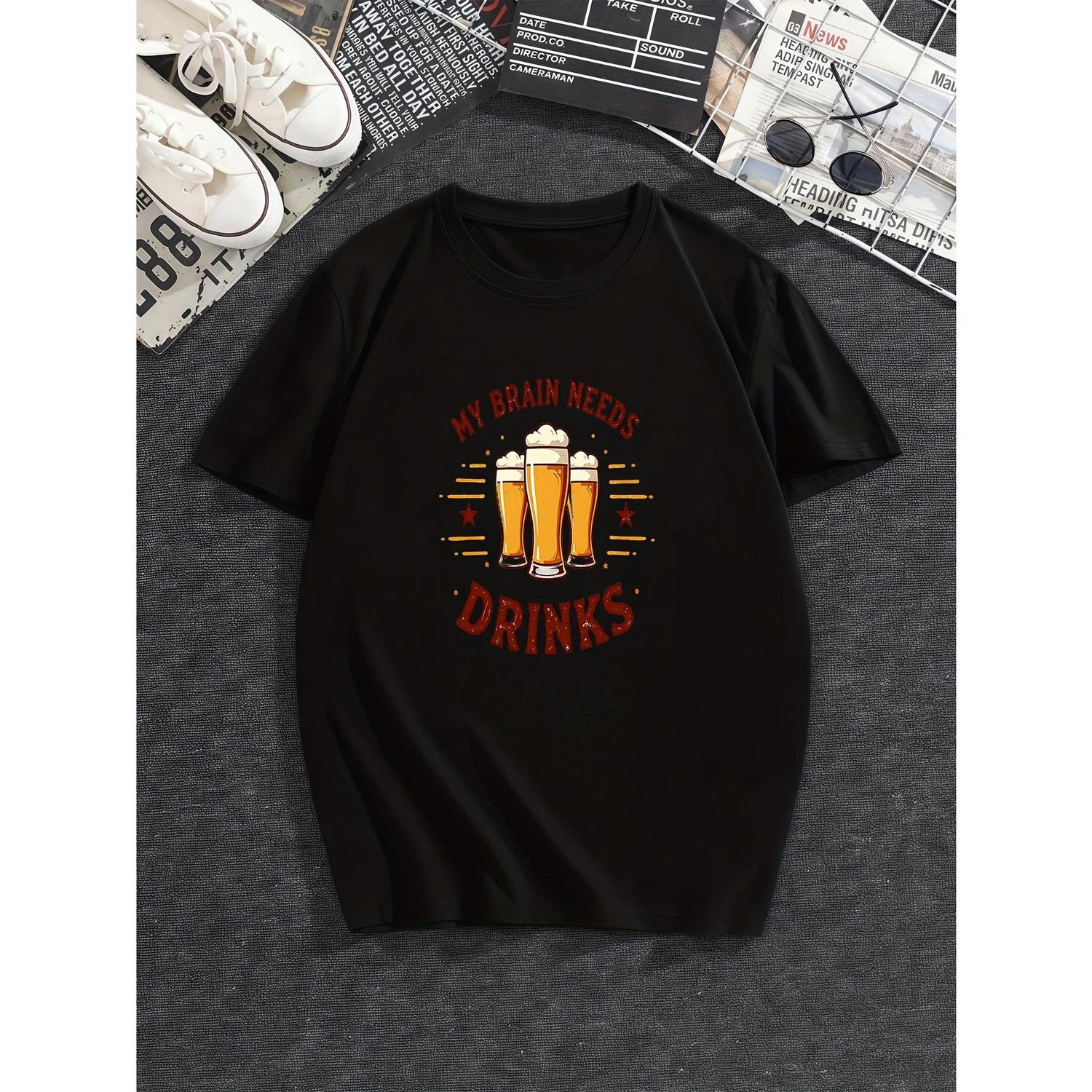 Mens Humorous My Brain Needs Drinks Graphic TShirt Soft Breathable Cotton Short Sleeve Tee for Spring Summer Outdoor Leisure Holiday Parties Machine Washable Casual Round Neck Top Fathers Day Gift Idea