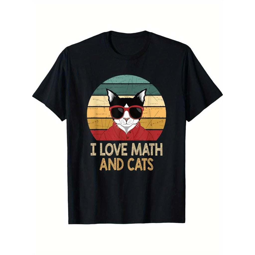 Mens Humorous Math Teacher And Cat Enthusiast Graphic Tee Black Shirt Featuring Retro Cat Wearing Red Fashion Glasses Soft Breathable Cotton Ideal Gift For Mathematicians And Pet Lovers Suitable For Birthdays Fathers Day And All Season Wear