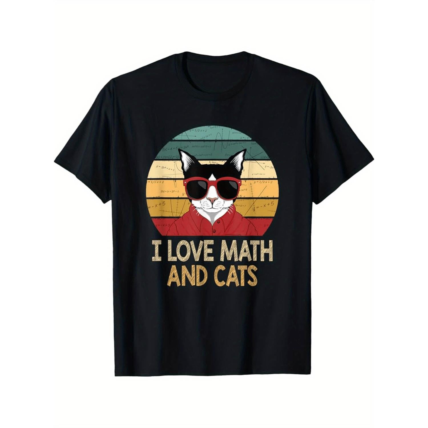 Mens Humorous Math Teacher And Cat Enthusiast Graphic Tee Black Shirt Featuring Retro Cat Wearing Red Fashion Glasses Soft Breathable Cotton Ideal Gift For Mathematicians And Pet Lovers Suitable For Birthdays Fathers Day And All Season Wear