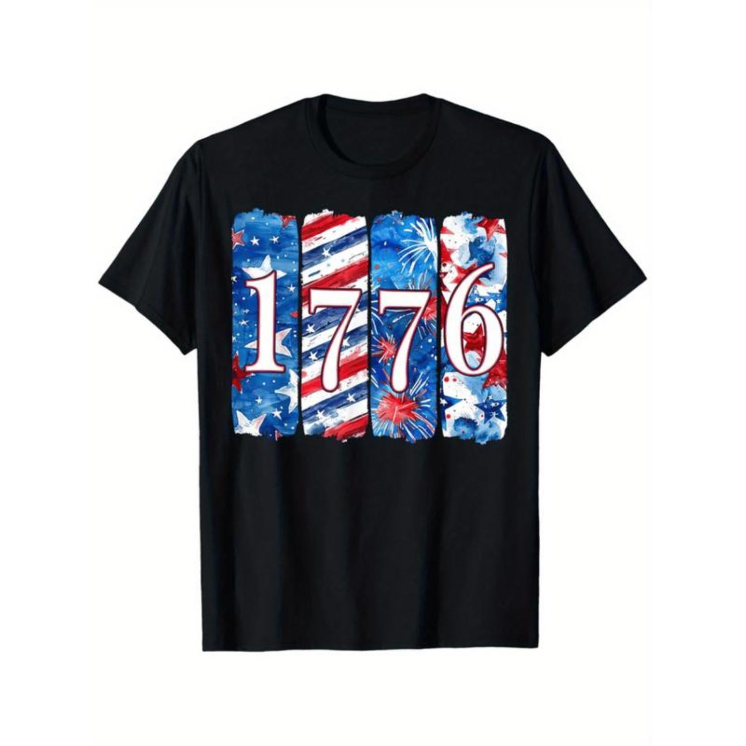Soft And Comfortable Vintage American Flag T Shirt 100 Percent Cotton 180GSM Patriotic Fireworks And Stars Print Regular Fit Crew Neck Unisex Black Casual Top Ideal For Family Gifts