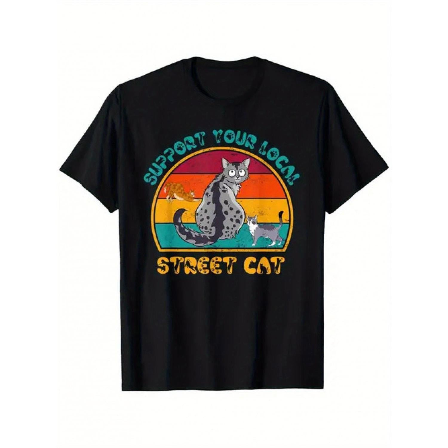 Allseason Apparel Support Your Local Street Cat Graphic T Shirt Unisex Loose Fit 100 Percent Cotton Tee Playful Cat Colorful Stripes Design Black Casual Shirt For Men And Women All Season Comfort Comfortable Streetwear Vintage Style Tee