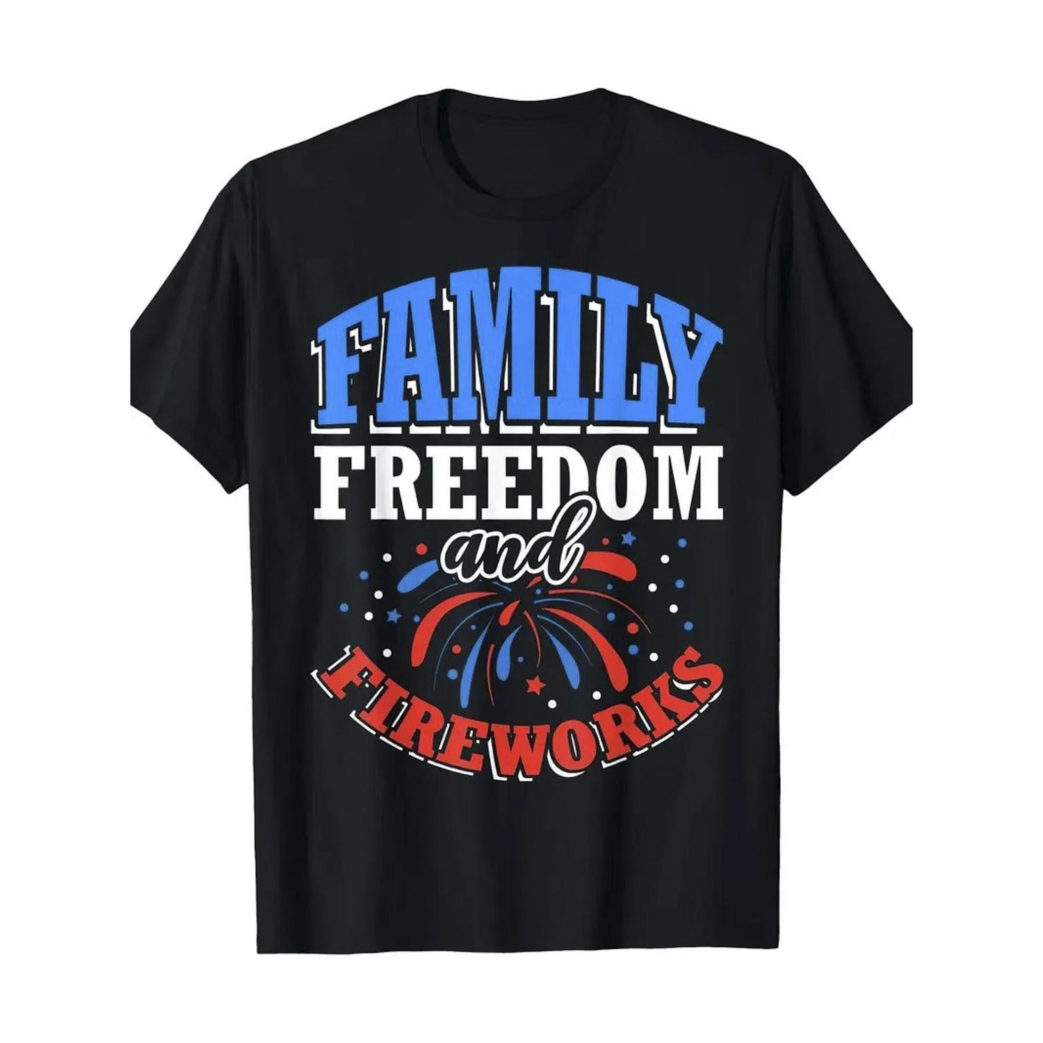 Mens Patriotic Family Freedom And Fireworks Graphic TShirt 100 Percent Cotton Relaxed Fit Casual Tee With Bold Print Machine Washable All Season Comfort For Fourth Of July Outdoor Activities Leisure Outfit Statement Shirt