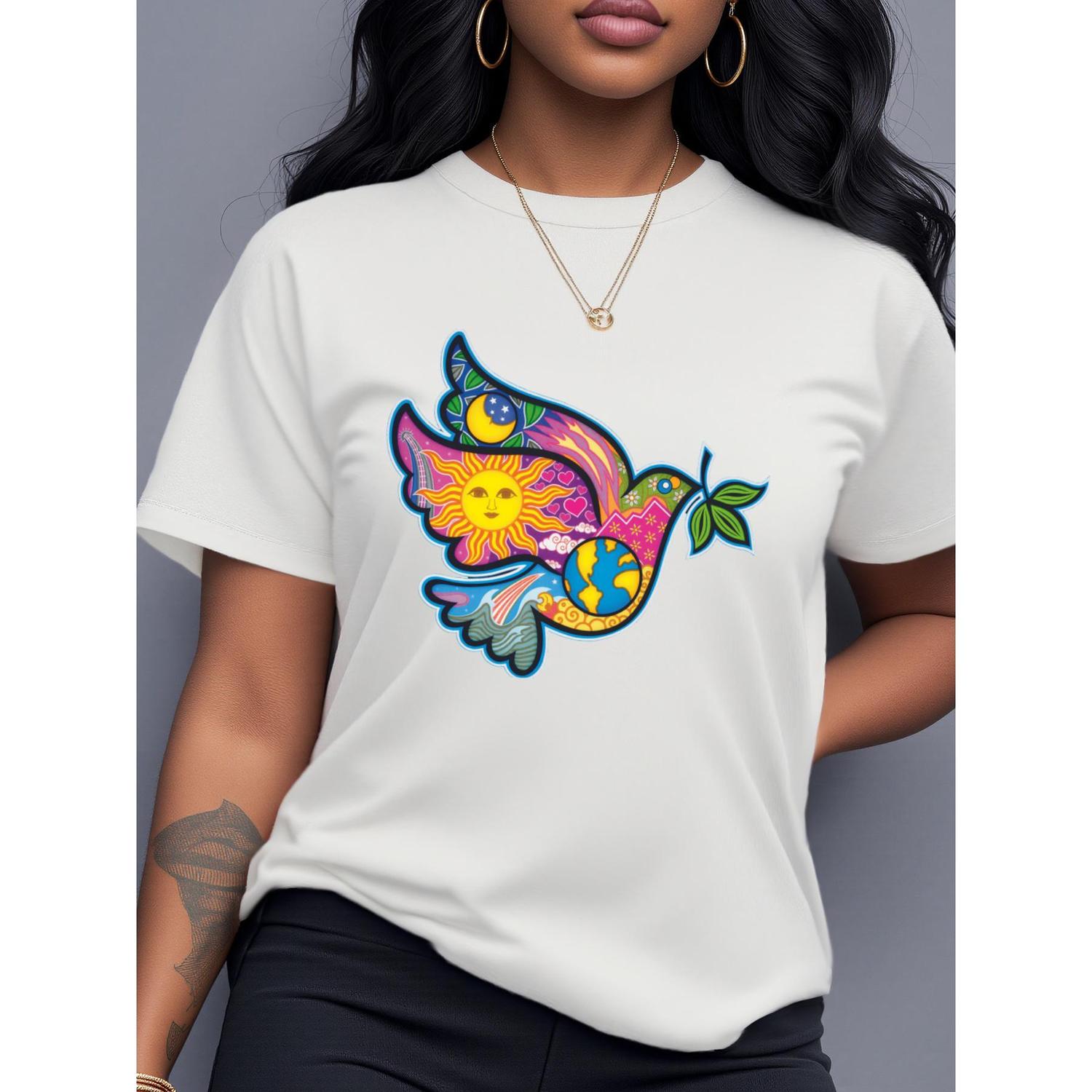Womens Short Sleeve T Shirt Retro Hippie Colorful Peace Dove And Sunflower Print Black Vibrant Artistic Design Breathable Summer Casual Top Machine Washable Trendy Graphic Tee